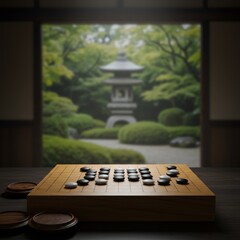 Go Game on Wooden Board with Japanese Garden View