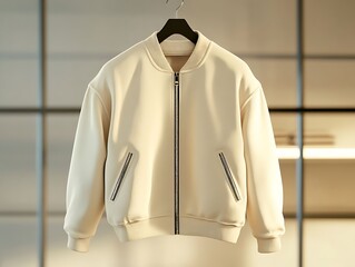 Cream bomber jacket with studio shot.