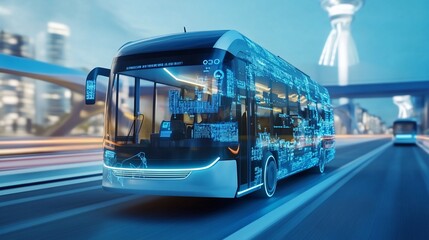 Fototapeta premium Futuristic Electric Bus Concept with Digital Overlay on City Road