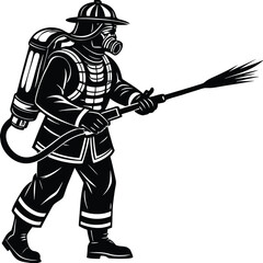 Firefighter vector Silhouette illustration Firefighter spraying water in full gear