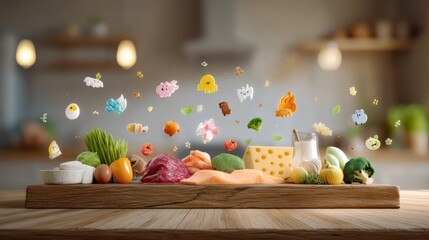 Colorful protein-rich foods with nutrient symbols, showcasing a balanced diet concept
