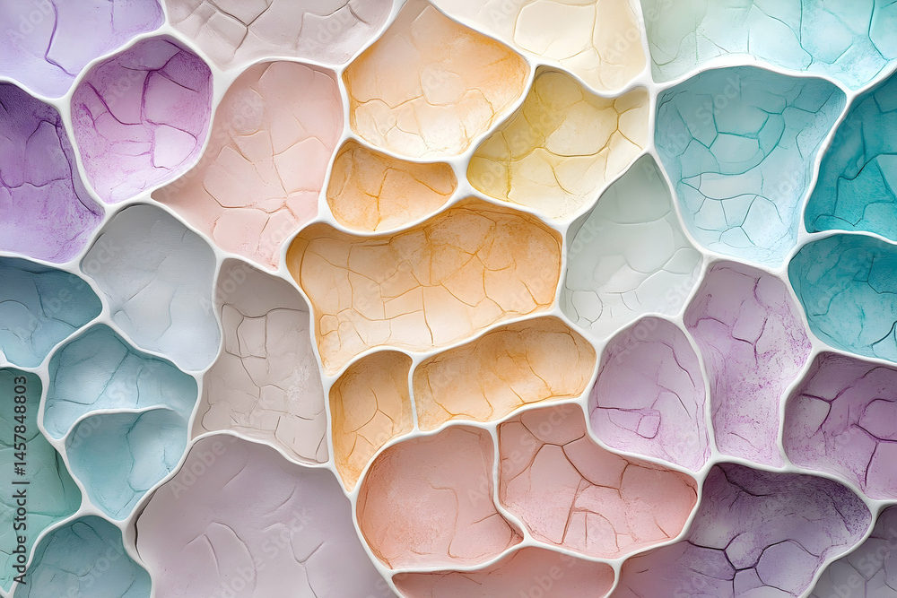 Poster colorful, textured abstract pattern of irregular shapes.