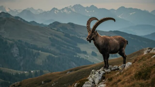 Male Ibex stands on mountain peak. Alpine wild goat looking at camera in scenic European Alps landscape. Wildlife nature documentary video.