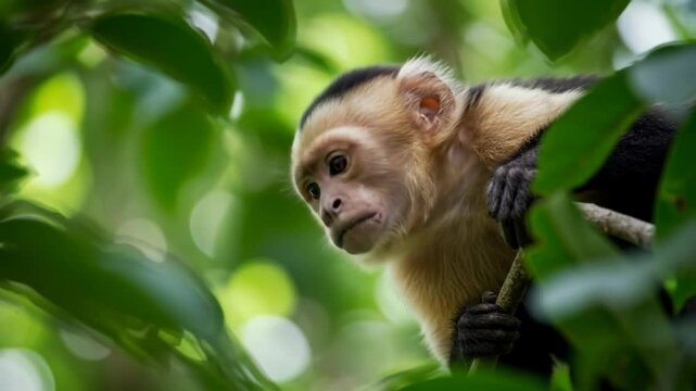 Close up video of capuchin monkey on three branch looking curious in jungle leaves foliage. For nature documentaries, eco tourism, wildlife videos.
