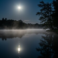 Full Moon over Misty Lake at Night