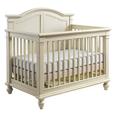 Classic White Baby Crib Nursery Furniture Infant Bedding isolated on white background Create a unique and original composition that does not closely resemble existing stock Images