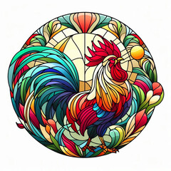 Colorful rooster design in stained glass style.