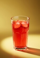 Refreshing Red Strawberry Drink in Glass on Yellow Background