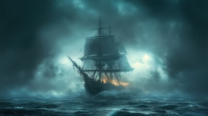 Fototapeta premium A majestic tall ship battles stormy seas with sails set against a backdrop of ominous clouds.