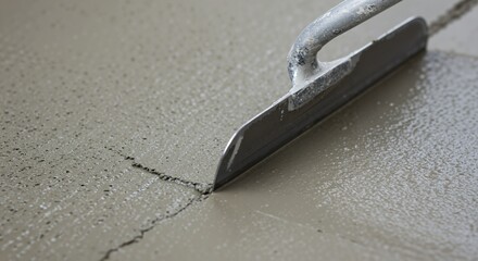 Close-up view of a metal trowel smoothing the surface of wet concrete, revealing a visible crack in the fresh material during the finishing process of a floor or wall.