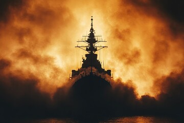 Fototapeta premium Dark Battleship Silhouette Emerging From Thick Smoke