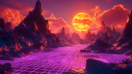 Vibrant digital landscape with a large fiery sun.