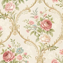 "Elegant vintage floral wallpaper with roses, lilies, and ornate golden scrollwork on a cream background."