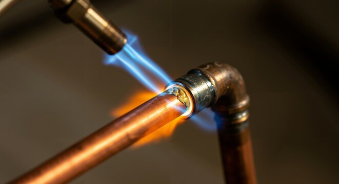 Close-up view of a plumber or technician heating and joining copper plumbing pipes using a gas torch and solder for repair or installation work.