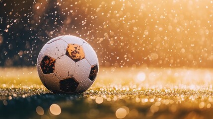Soccer ball in rain golden sunlight
