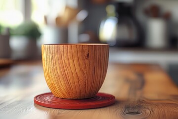 Wooden bowl resting on a red coaster on a table.