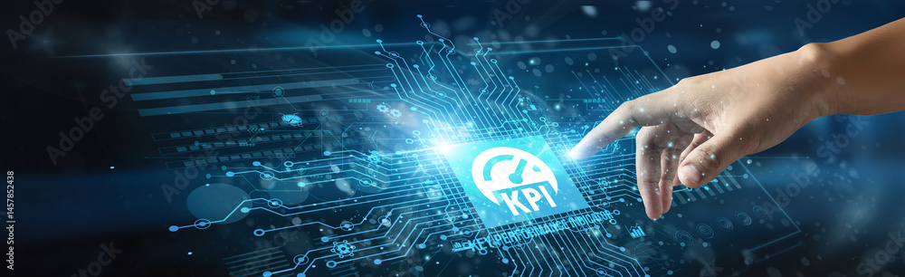 Poster a businessman touching the icon and the word 'kpis' represents measurable values that track performa