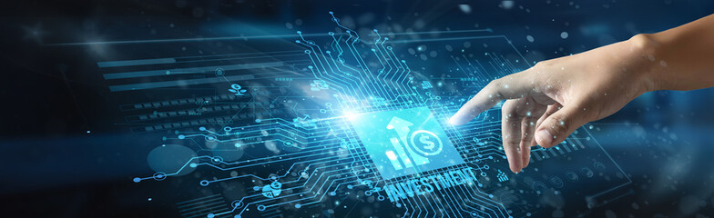 A businessman touching the icon and the word 'investment' involves allocating capital to asset projects for potential growth, portfolio diversification, long-term wealth creation, financial planning.