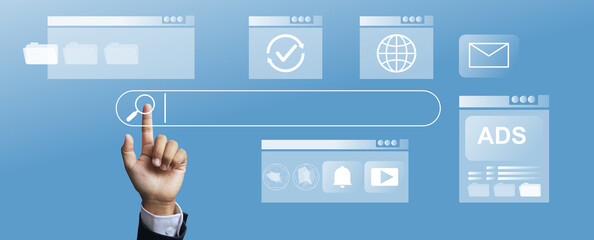 banner of internet searching concept with hand reach out to touch magnifying glass to search data information on search engine