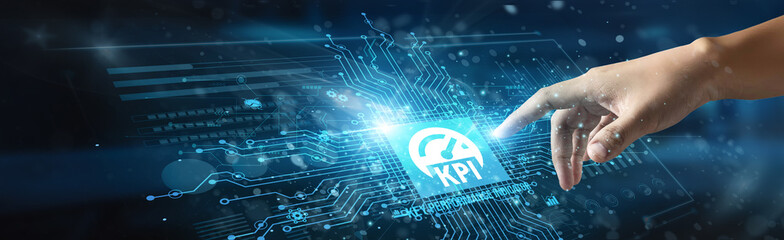 A businessman touching the icon and the word 'KPIs' represents measurable values that track performance and progress towards goals, data-driven decisions, highlight strengths, and identify weaknesses.