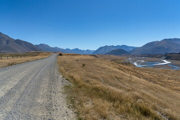Surrounded by mountain ranges the extreme arid dry farming fields in the Ahuriri conservation...