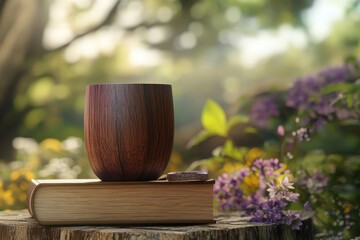 Wooden cup resting on a book amidst nature's beauty.