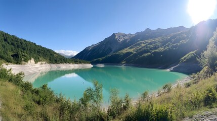 Obraz premium Serene mountain lake reflecting a vibrant sky.