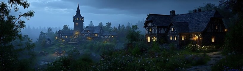 Obraz premium Dusk village, tower, forest. Fantasy game