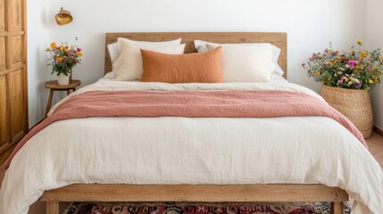 Cozy and Inviting Bedroom with Soft Bedding and Floral Accents