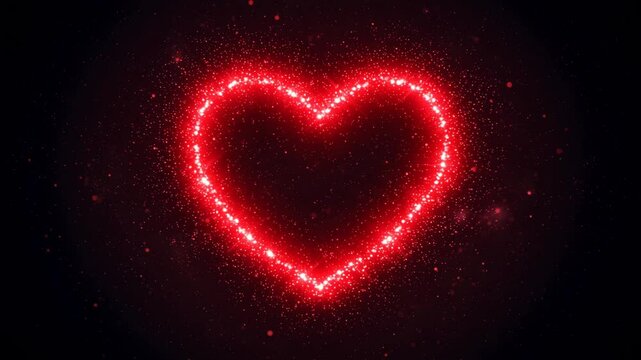 A glowing red heart shape outlined with sparkling particles on a dark black background animation loop