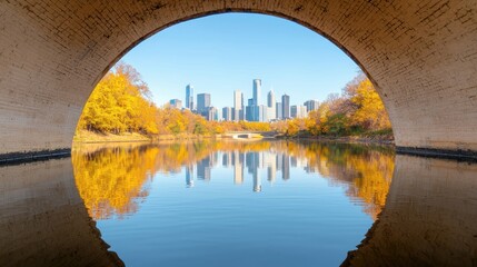 Obraz premium Autumn Cityscape Reflection Under Archway in Urban Environment