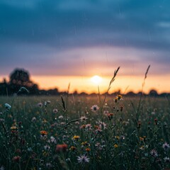 Fototapeta premium Sunset Over a Rain-Kissed Wildflower Meadow