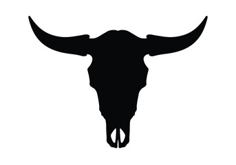 Cattle skull silhouette. This image shows a black and white outline of a cattle skull, also known as a cow or bull skull. Vector clipart illustration design.