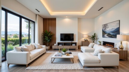 Modern elegant living room interior design with white sofas, large windows, stylish decor, and scenic outdoor view