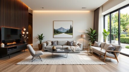 Fototapeta premium Modern living room interior with elegant furniture, natural light, and serene landscape painting on walls
