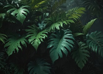 Deep shadows on vibrant jungle leaves, opulent, dark green tones,  wallpaper,  lush