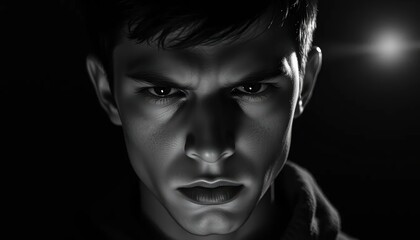 A grayscale close-up portrait of a young adult