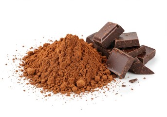 A pile of cocoa powder with pieces of dark chocolate squares near isolated on white background