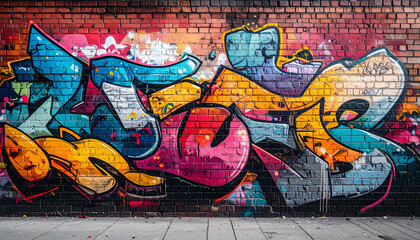 Vibrant and chaotic street graffiti mural on a large urban brick wall, filled with colorful 