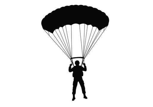 Airborne paratrooper silhouette. This image depicts a black silhouette of a paratrooper descending with a parachute, showcasing the canopy, harness, and lines. Vector clipart illustration design.