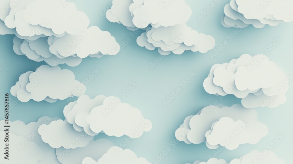 Poster paper-cut style clouds float against a soft blue sky, creating a dreamy and whimsical atmosphere wit
