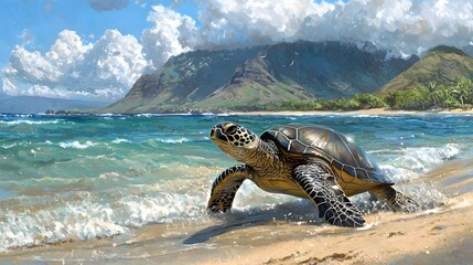 Obraz premium Beautiful sea turtle swimming near the sandy beach with a mountainous landscape and blue sky with white clouds in the background