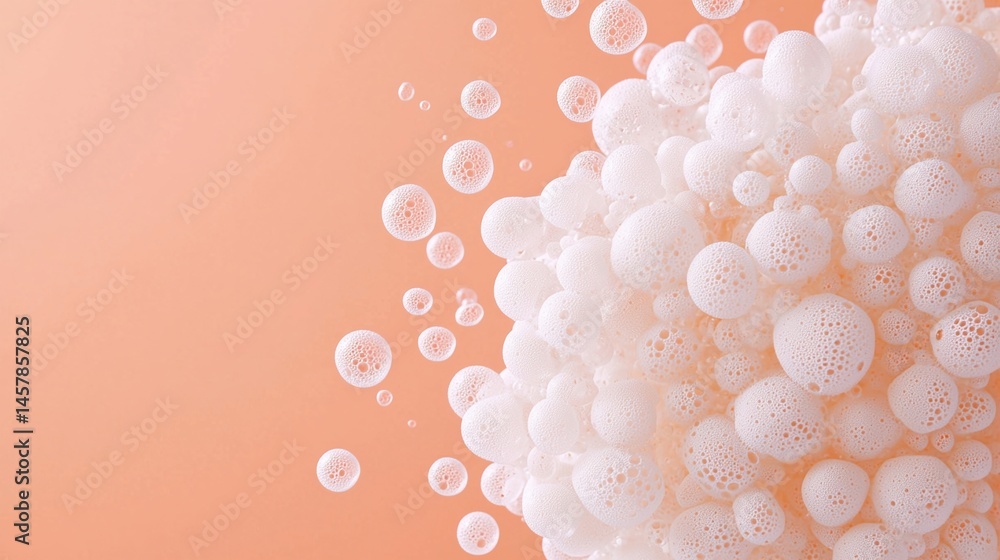 Poster white soap bubbles cluster on a peach-colored background, creating a soft, airy, and abstract visual