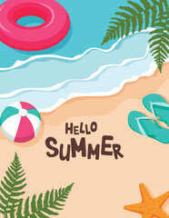 Hello summer beach clipart poster. Summer greeting text in seaside beach background clip art for sunny day, postcard template with tropical elements vector illustration.