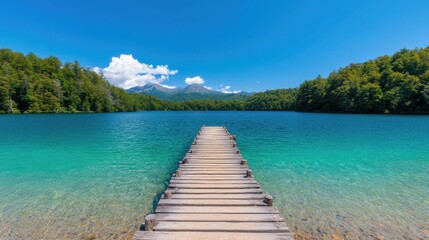 Serene Lake Scene with Wooden Pier Under Blue Sky and Green Trees