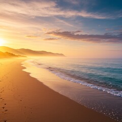Obraz premium Sunset Beach Landscape: Golden Sky, Tranquil Ocean