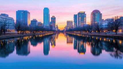 Obraz premium Serene Sunset Reflection Over Urban River with City Skyline View
