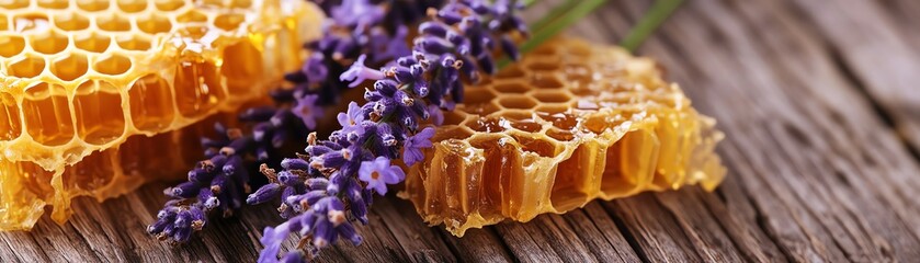 Fresh honeycomb with lavender flowers on a weathered wooden surface closeup shot in natural light capturing the rich golden hues and textures