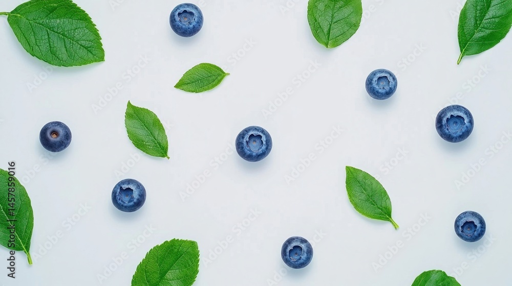 Poster blueberries and green leaves are scattered evenly on a white background, creating a fresh and minima