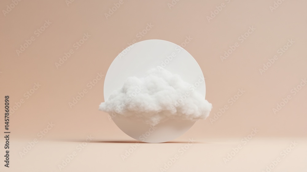 Poster minimalist image of a fluffy white cloud placed in front of a white circular backdrop on a beige bac